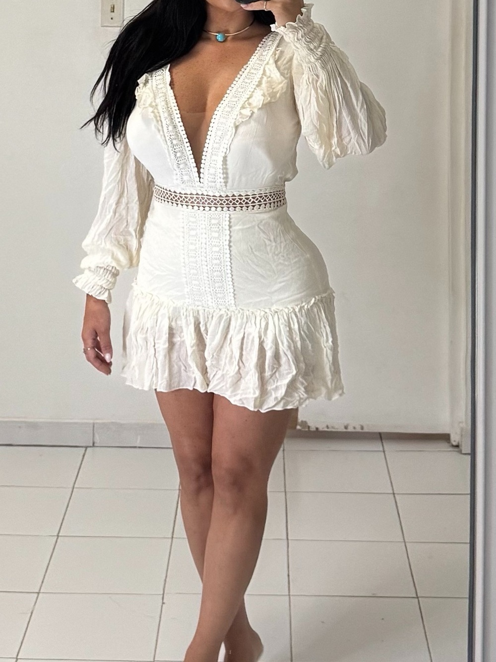 Ivory Lace-Trim Deep V Mini Dress
